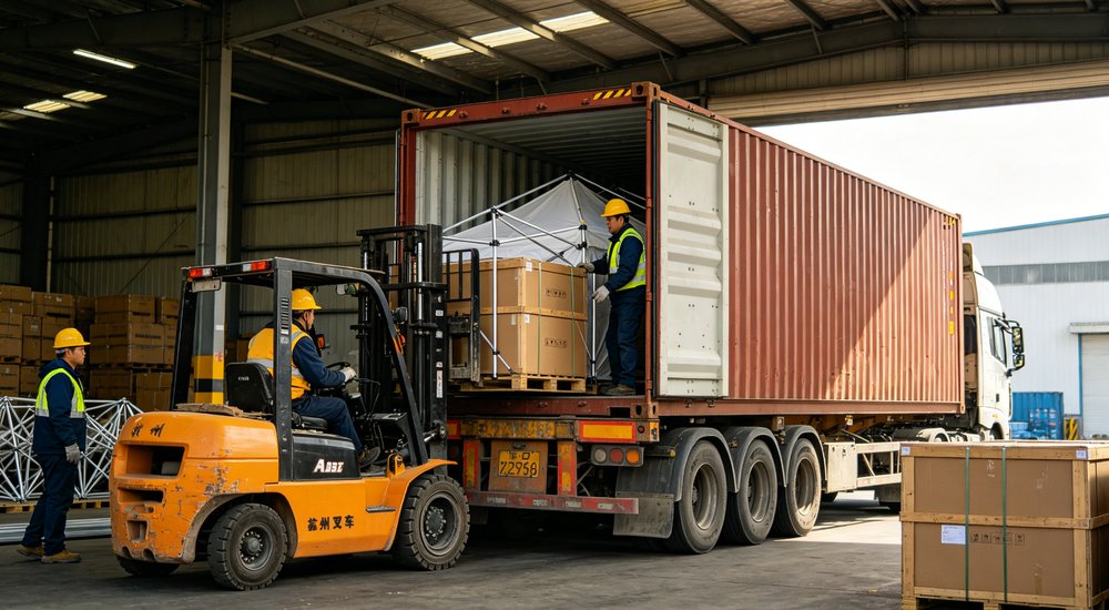 Loading packaged frame tents into container on truck