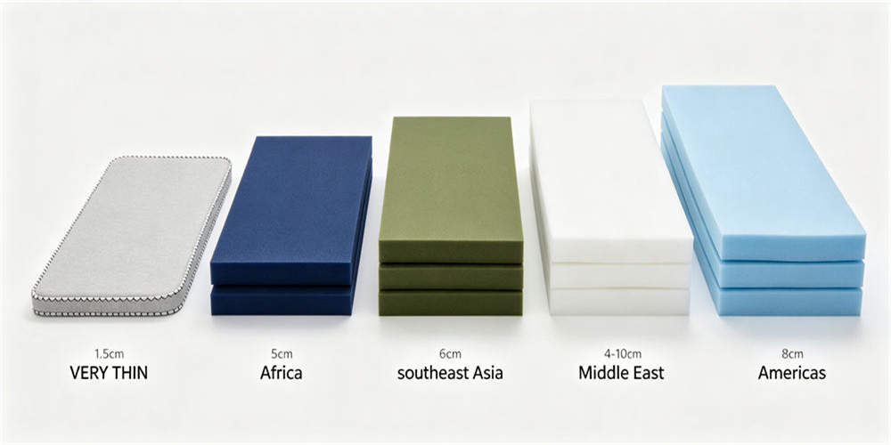 Multiple foam mattress thickness and color configurations displayed for regional project comparison.