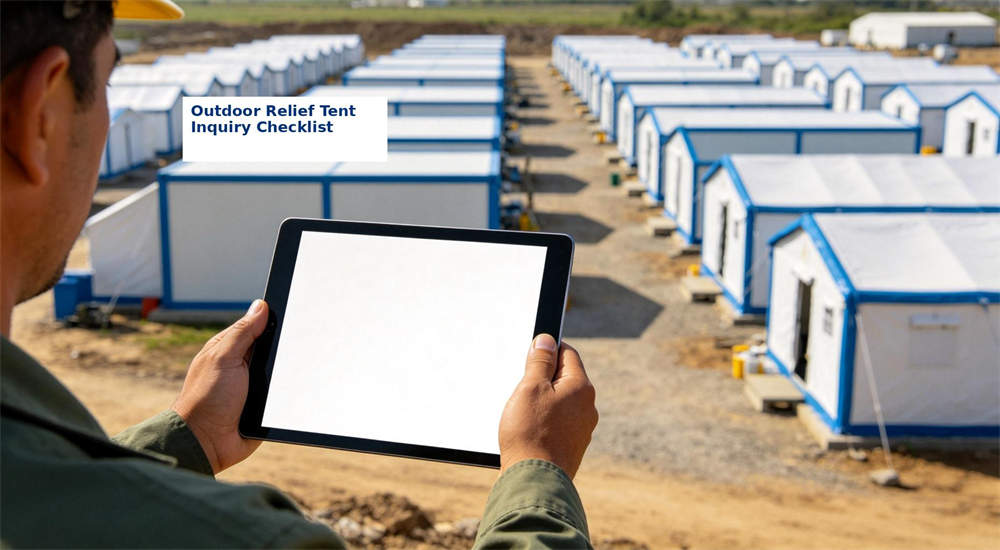 Blue outdoor relief frame tent inquiry checklist scene with person using tablet to inspect tent specifications and record camp assessment details