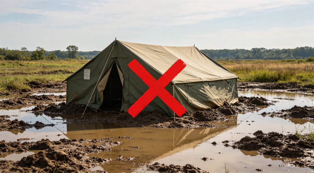 Error example of outdoor relief frame tent on muddy site in green showing incorrect installation on wet muddy ground with red X error marker