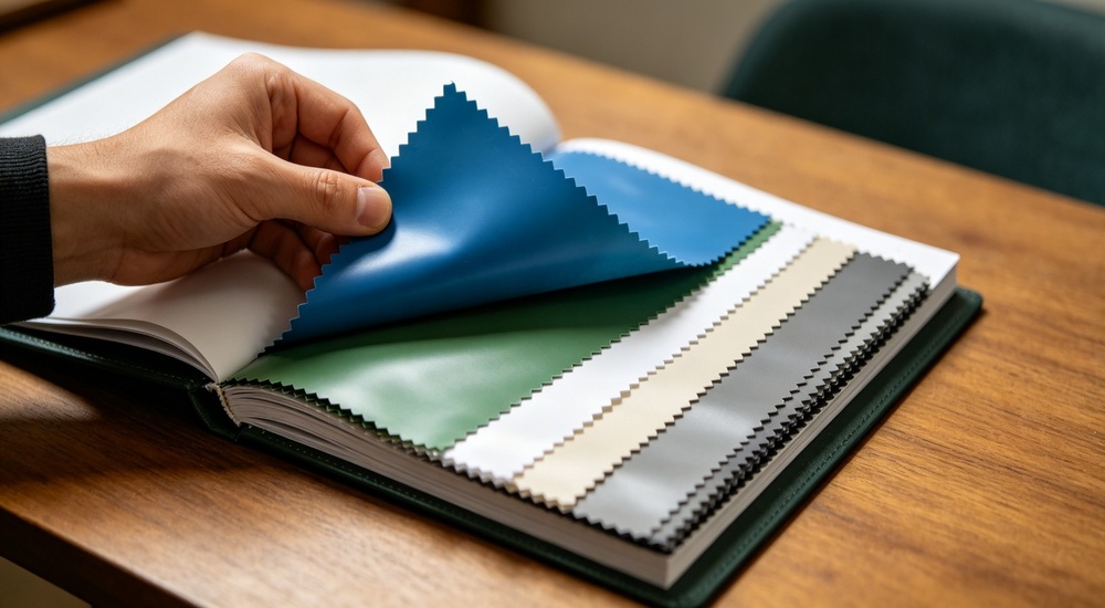 Detail lifestyle shot of fabric sample book with hand holding open pages displaying various tent tarpaulin material swatches in blue green beige and grey colors, different weights and textures for buyer quality comparison and selection