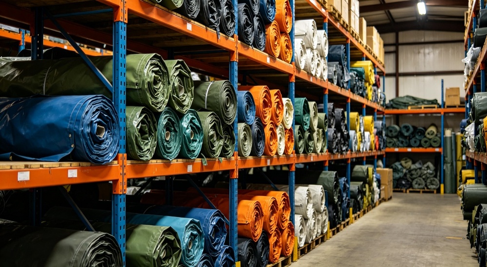 Warehouse storage photograph of large blue and green tent tarpaulin fabric rolls organized on warehouse shelving, inventory storage showing bulk material stock and ready availability for fast relief tent production