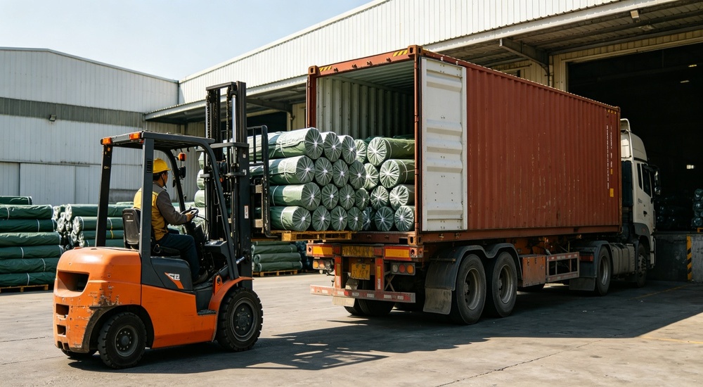 Logistics action photograph of forklift operator loading pallet of relief tent tarpaulin cartons into ocean shipping container, export process showing container loading and international freight preparation for disaster relief supply
