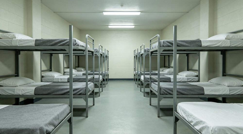 Correctional facility dormitory with gray institutional bedding on beds Correctional facility dormitory with gray institutional bedding on beds