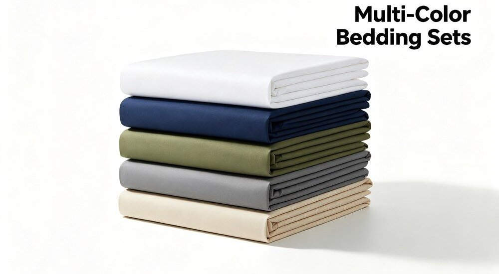 Folded bedding sets in multiple colors stored in warehouse racks Folded bedding sets in multiple colors stored in warehouse racks