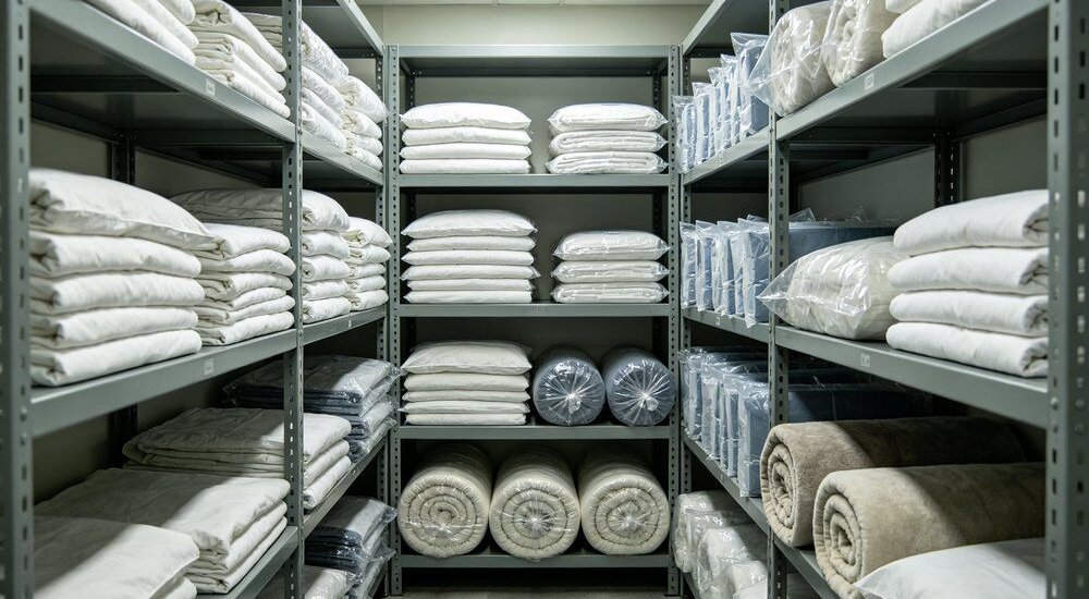 Warehouse storage of institutional bedding in climate controlled environment