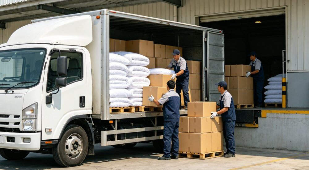 Logistics truck loading bulk institutional bedding for export delivery