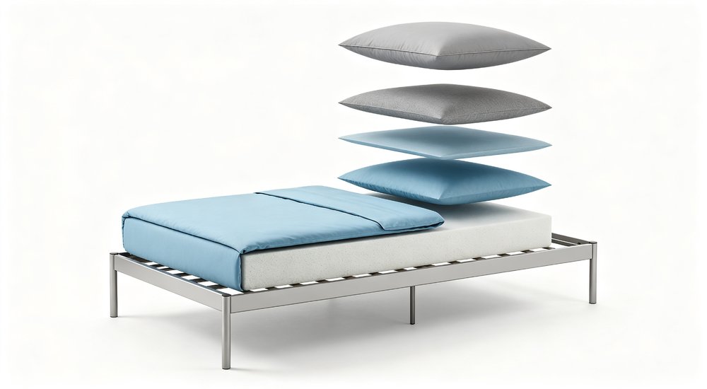 Detail shot of cardboard export carton with bedding set label showing 3-piece emergency sheet duvet pillow quantity 20 sets color sky blue in warehouse