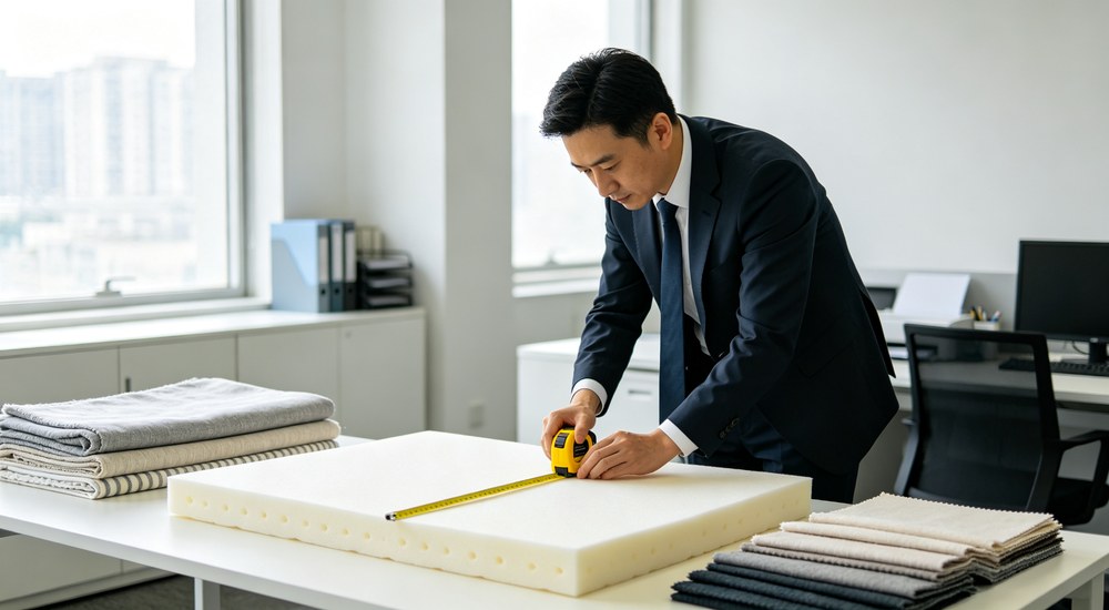 Eye-level office photograph of Chinese procurement officer measuring foam mattress thickness with yellow tape measure showing fabric swatch samples on desk