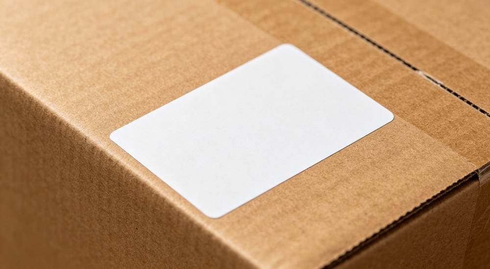 Packaging detail shot of blank white shipping label on brown cardboard export carton showing packaging label area for temporary accommodation bedding shipment