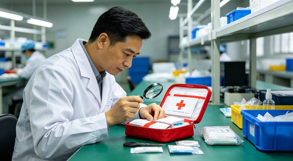 Eye-level hotel hospitality first aid kit scene in guest services area with compact medical supplies for guest safety and emergency response in accommodation facilities Eye-level hotel hospitality first aid kit scene in guest services area with compact medical supplies for guest safety and emergency response in accommodation facilities