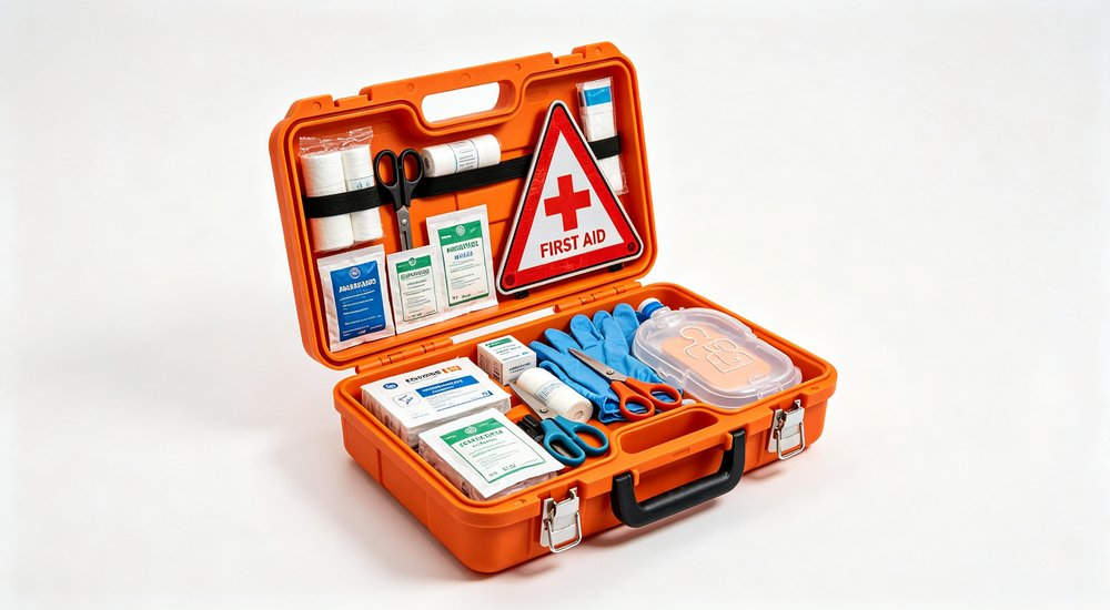Wide-angle quotation and consultation scene showing customer service team responding to medical kit inquiries with product samples specification sheets and order forms for wholesale buyer support
