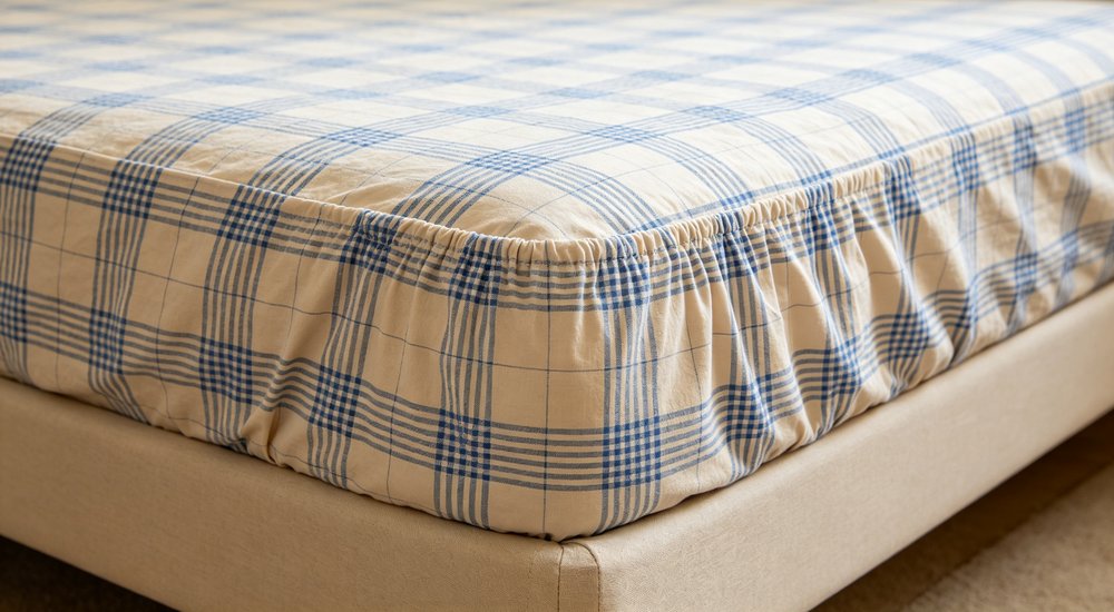 Detailed macro shot of fitted sheet elastic corner pocket showing deep pocket design that securely wraps around mattress corners preventing slippage during institutional bedding use Detailed macro shot of fitted sheet elastic corner pocket showing deep pocket design that securely wraps around mattress corners preventing slippage during institutional bedding use