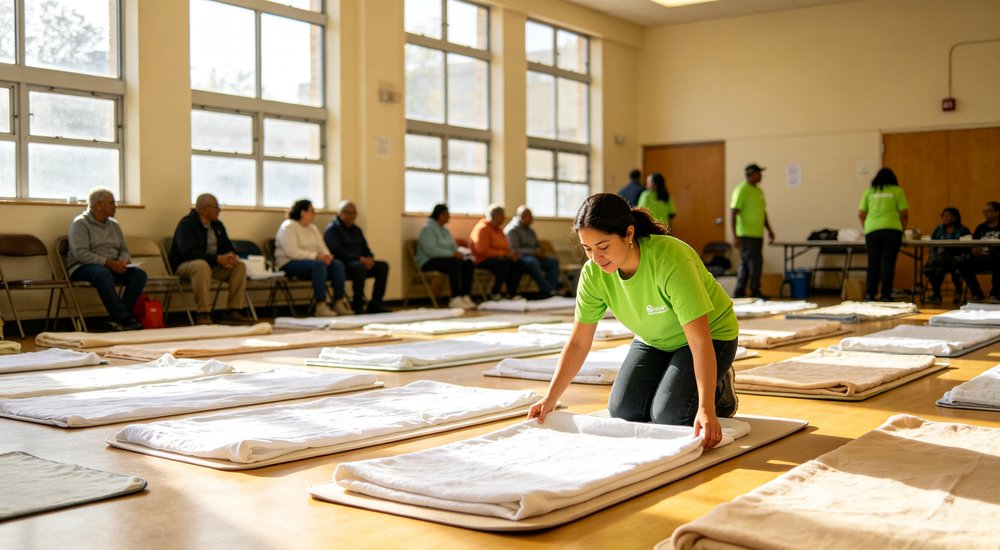 Top-down flat lay of thin floor mats with white sheets in community center emergency shelter showing space saving bedding solution for large group accommodation during disasters