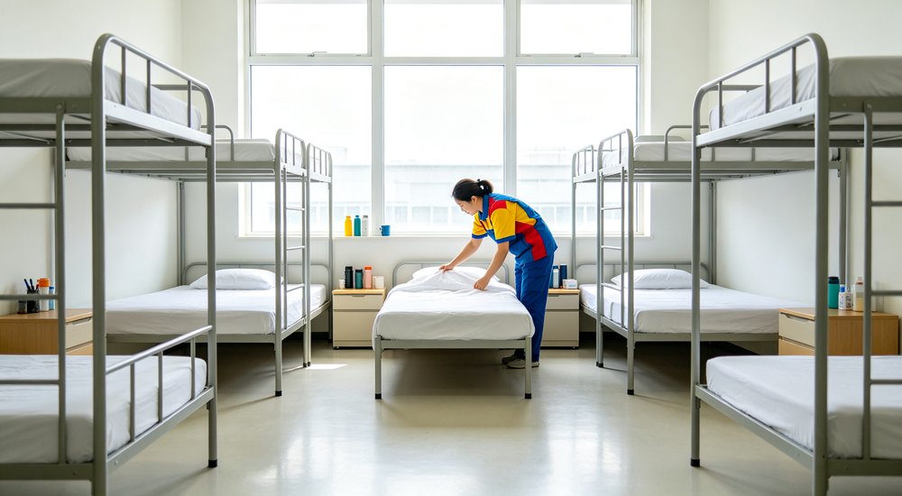Panoramic view of clean dormitory room with bunk beds and white institutional bedding showing standard university student housing accommodation setup ready for facility inspection