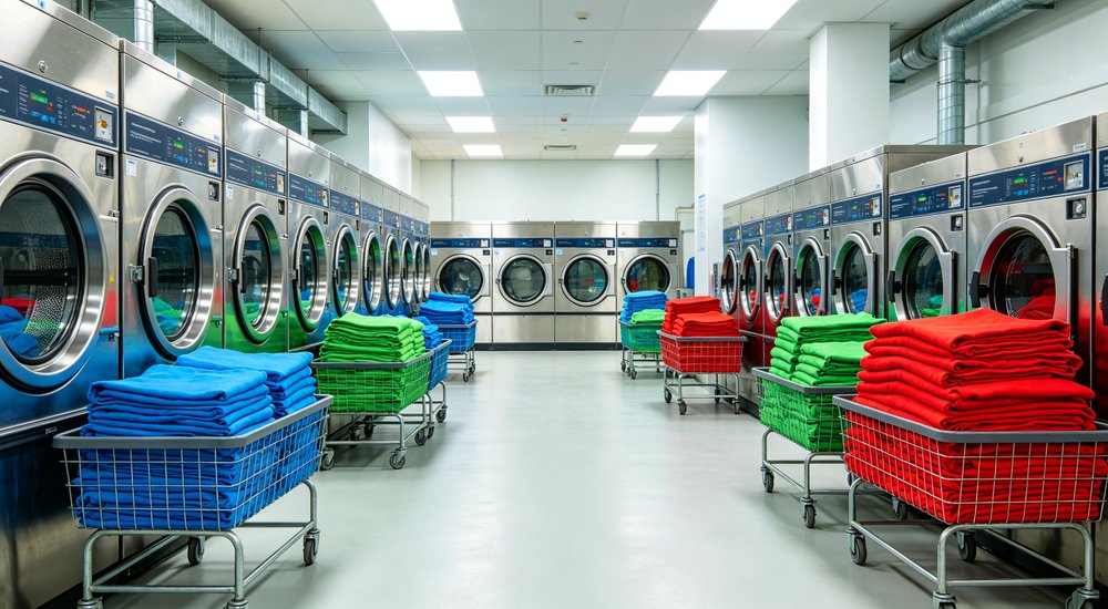 Wide-angle scene of commercial laundry facility with stacked clean white linens and industrial washing machines processing high volume institutional bedding for hospitals and shelters