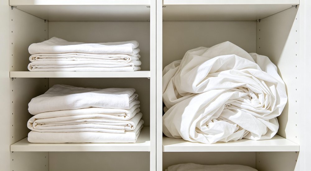 Side-by-side comparison of flat sheet neatly folded versus fitted sheet messy storage showing space efficiency difference in institutional bedding inventory and warehouse organization