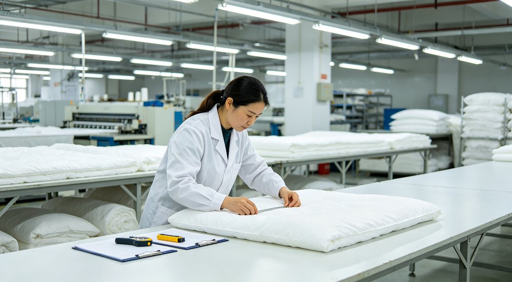 Factory floor view of quality control inspector examining bedding fabric stitching and seams ensuring institutional durability standards meet bulk shipment requirements before export