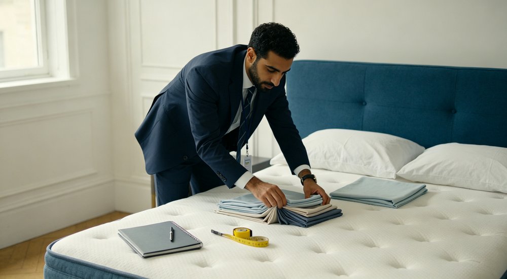 Procurement scene with officer testing bedding sample quality by examining fabric texture stitching durability and material composition during institutional supplier evaluation process