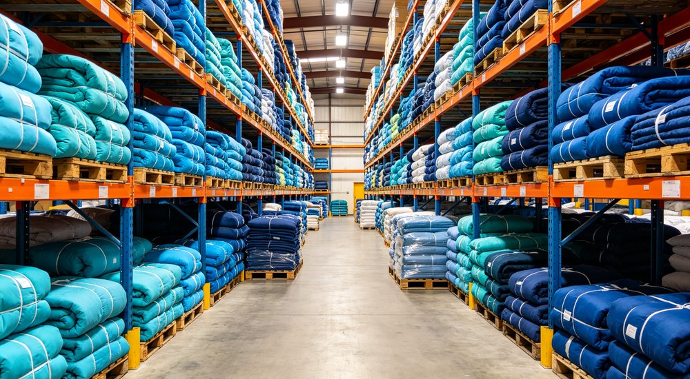 Warehouse aisle view of storage area with neatly stacked bedding bundles showing organized inventory management system for bulk institutional bedding supply chain and rapid order fulfillment Warehouse aisle view of storage area with neatly stacked bedding bundles showing organized inventory management system for bulk institutional bedding supply chain and rapid order fulfillment