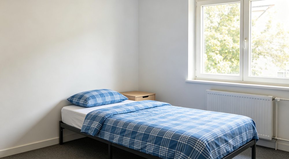Room interior view of clean temporary accommodation with blue bedding showing standard emergency shelter room setup prepared for disaster relief residents requiring safe comfortable housing Room interior view of clean temporary accommodation with blue bedding showing standard emergency shelter room setup prepared for disaster relief residents requiring safe comfortable housing