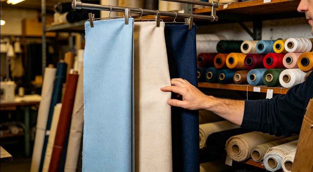 Fabric workshop scene with person running hand over three thickness fabric swatches hanging on rack: thin light blue medium beige thick navy, colorful thread spools and fabric rolls background