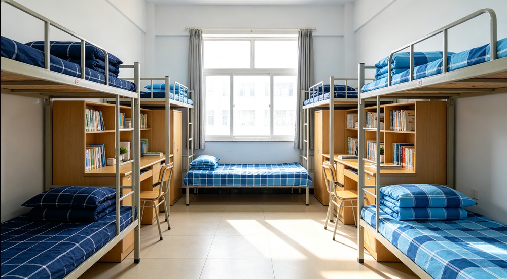 Bright school dormitory room with bunk beds and single beds made with navy blue and sky blue checkered bedding sets, study desks and books visible, natural light from windows