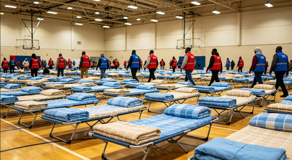 Large indoor emergency shelter gymnasium with rows of folding cots in sky blue and beige checkered bedding, African and Middle Eastern volunteers in red and blue vests, wide angle showing scale