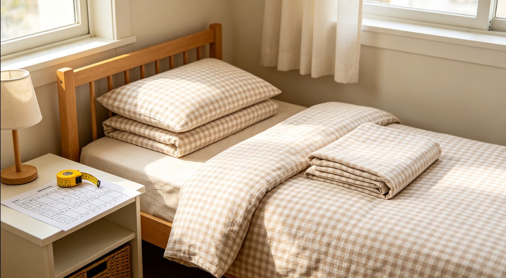 Wide angle view of bright bedroom with complete beige checkered bedding set neatly made on single bed, measuring tape and printed size chart on bedside table, warm light