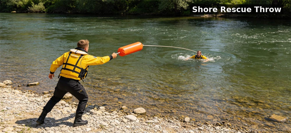 Manual throw bag orange shore rescue scene for institutional procurement, inspection and supply planning