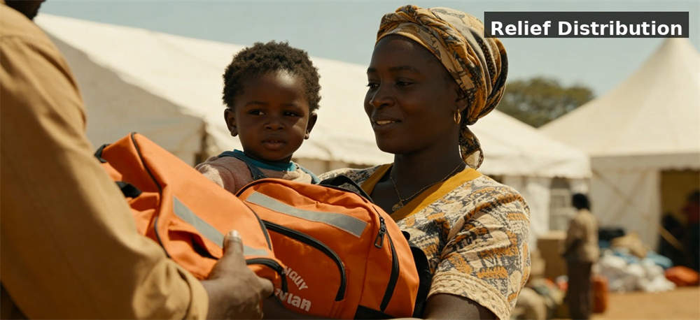 Relief distribution backpack scene for institutional procurement, inspection and supply planning