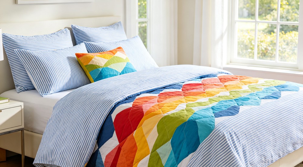 Close-up complete bedding set with blue striped cotton sheets colorful duvet and pillows on neatly made bed in bright bedroo