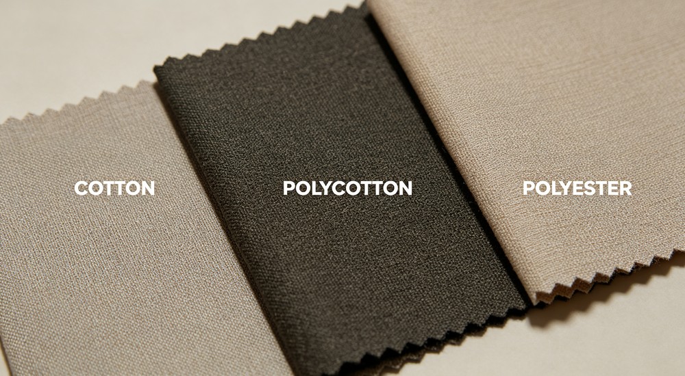 Interior three fabric swatches side by side comparison labeled cotton polycotton and polyester showing different material textures - for institutional bedding procurement and buyers seeking quality