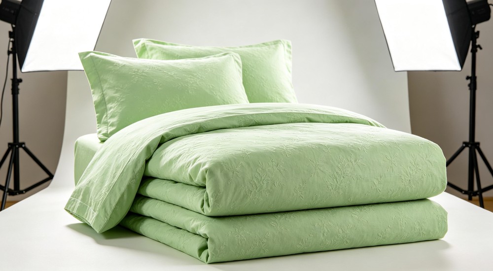 Technical soft sage green polycotton duvet cover and pillowcases set folded neatly on display under bright studio lighting - suitable for institutional and emergency shelter procurement