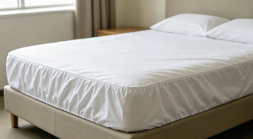 Macro white waterproof mattress protector with elastic edges fitted on bed in clinical clean institutional bedding setting - for emergency shelter and dormitory bedding procurement decisions