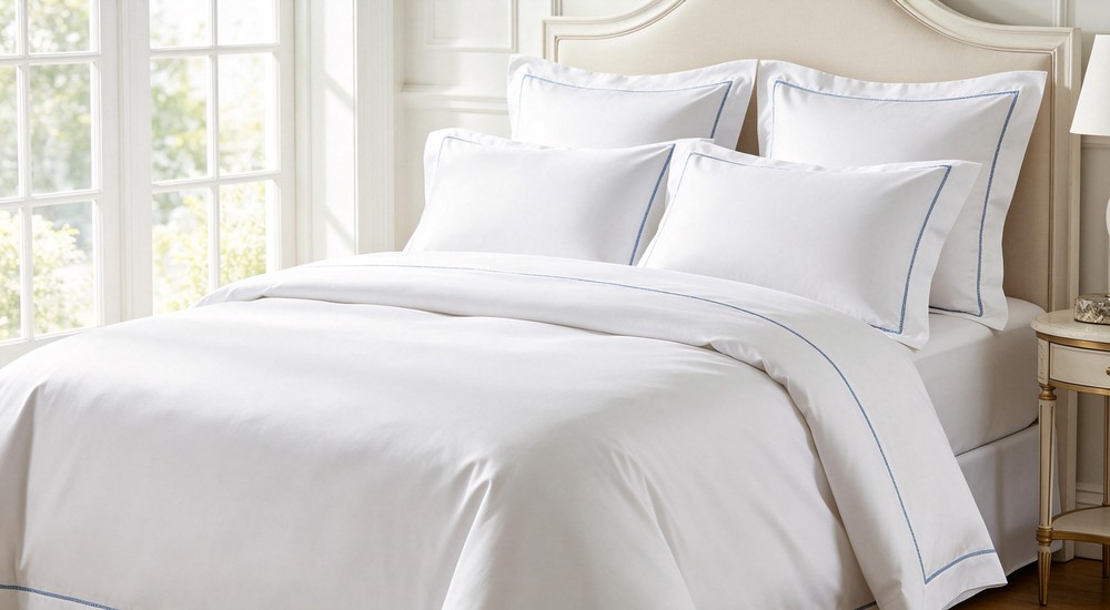 Overhead premium white cotton sateen bedding set with delicate blue trim on elegant made bed in bright airy luxurious bedroom