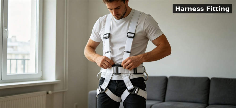 User fitting a safety harness for emergency descent training for government stockpile, institutional supply and emergency