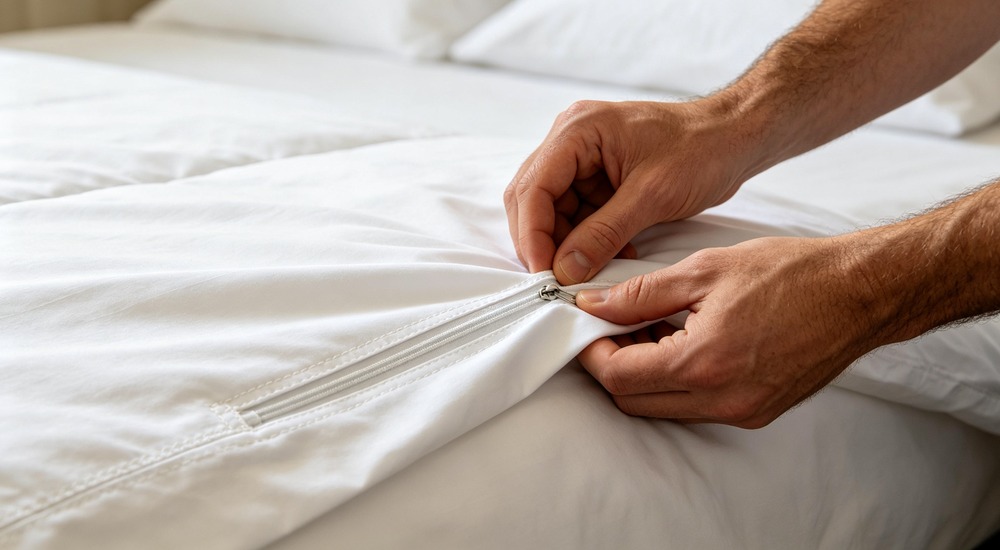 close-up photograph of white duvet cover with concealed zipper closure being zipped by hands showing institutional bedding quality detail with smooth fabric texture and durable stitching