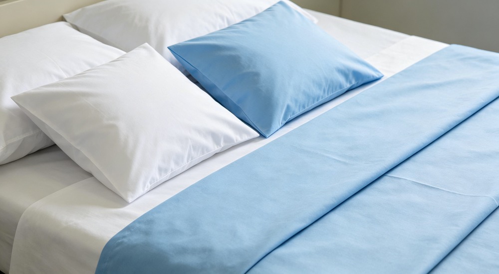 action photograph of relief worker in blue uniform folding white duvet cover on single bed inside bright emergency shelter tent
