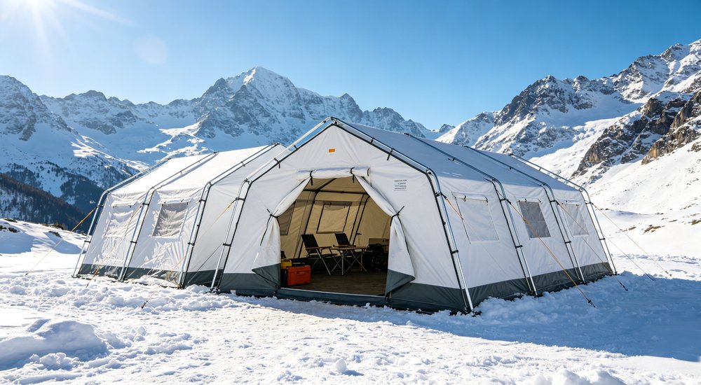 Well organized refugee camp with rows of emergency shelter tents providing dignified long term accommodation for displaced persons under international humanitarian protection standards
