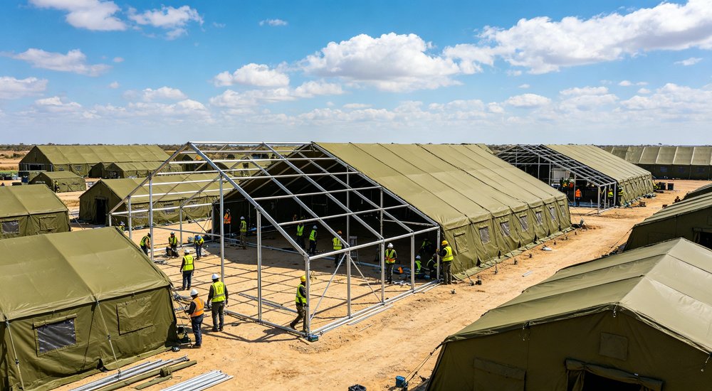 Earthquake affected region showing emergency relief tents deployed near damaged buildings providing immediate safe shelter for survivors while recovery and reconstruction work continues