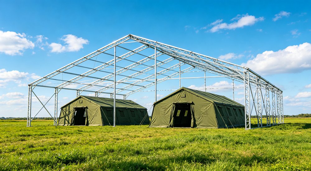 Emergency response tent captured during active deployment showing professional grade construction wind resistant frame and waterproof covering designed for long term use in challenging field conditions