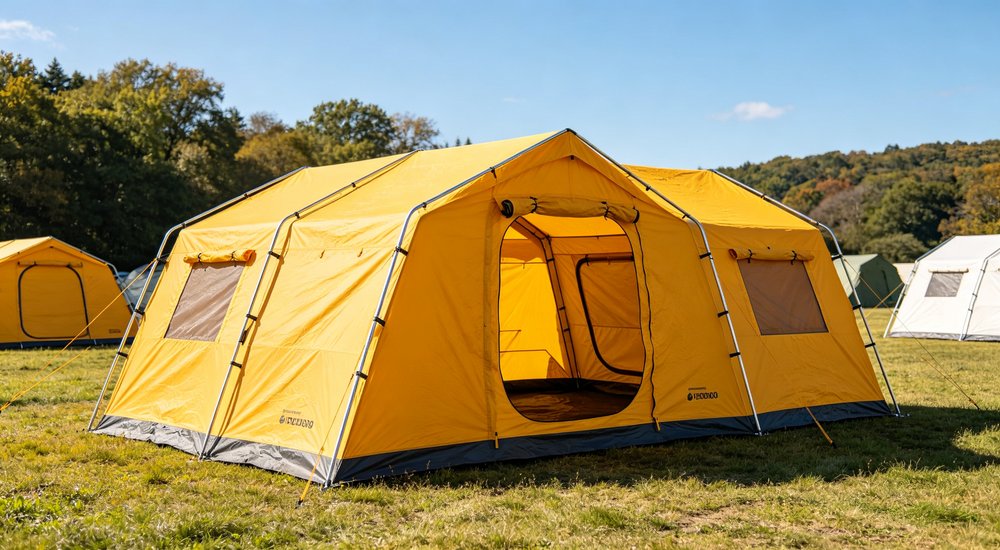 Professional emergency relief tent photographed in field deployment showing sturdy construction waterproof fabric and steel frame design suitable for disaster response and humanitarian aid operations