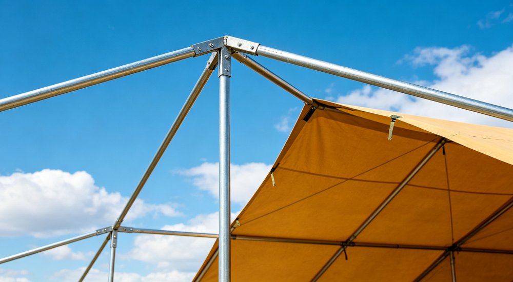 Large emergency shelter tent installed at disaster relief site providing weatherproof accommodation for affected populations with reinforced structure and quality materials visible