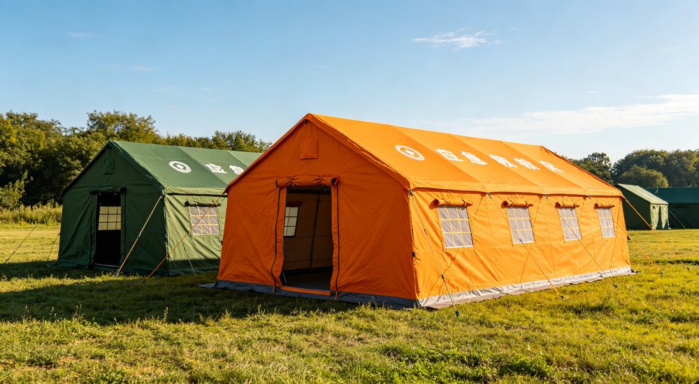 Heavy duty emergency frame tent displayed in operational setting demonstrating quick setup capability durable canvas exterior and spacious interior capacity for humanitarian relief missions