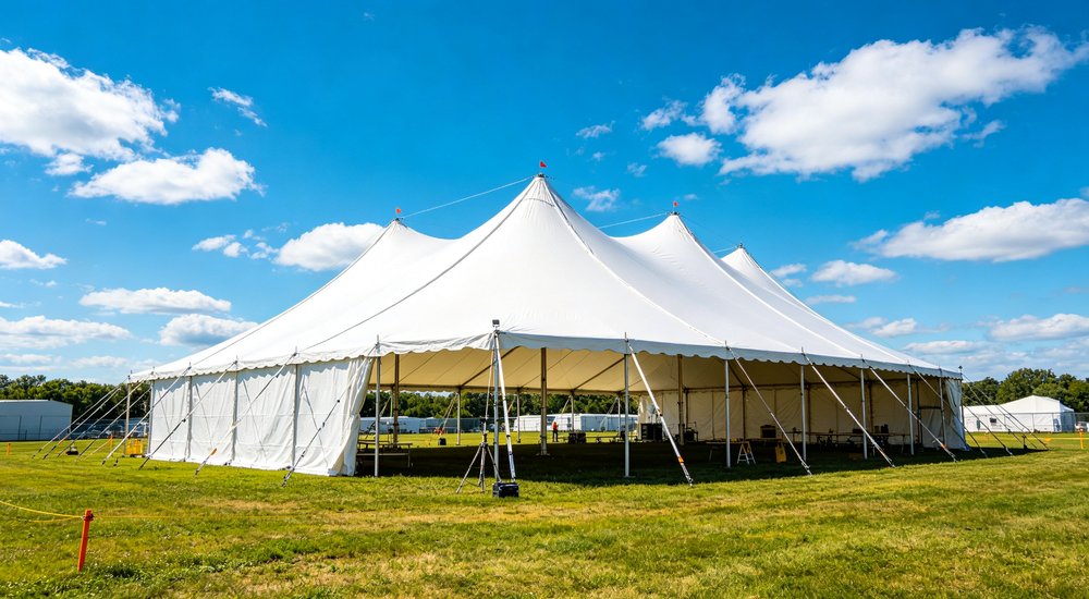 Large emergency shelter tent installed at disaster relief site providing weatherproof accommodation for affected populations with reinforced structure and quality materials visible