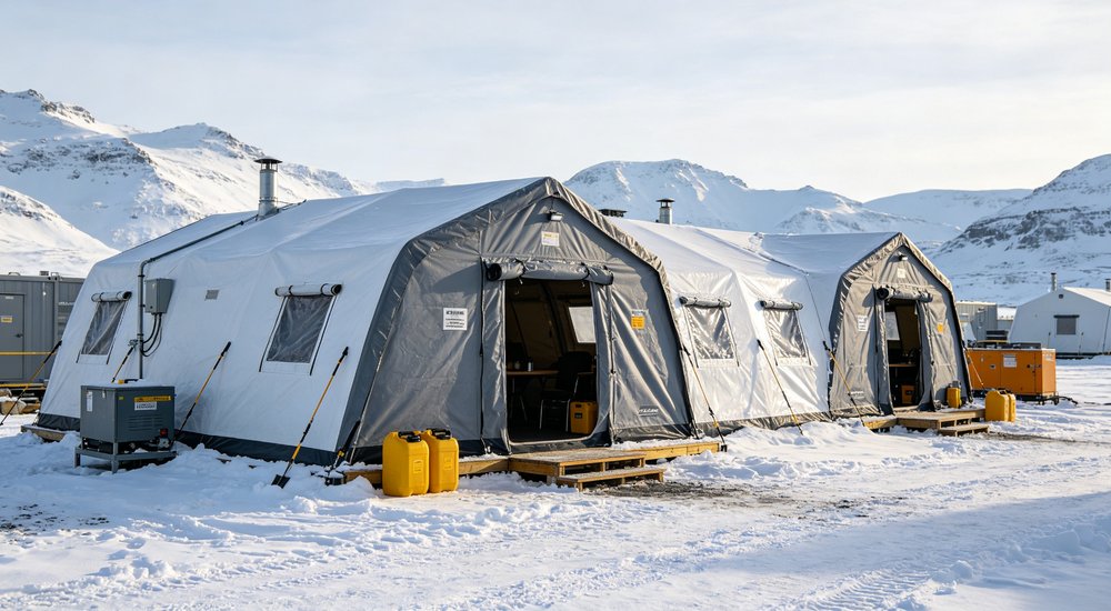 Large emergency shelter tent installed at disaster relief site providing weatherproof accommodation for affected populations with reinforced structure and quality materials visible