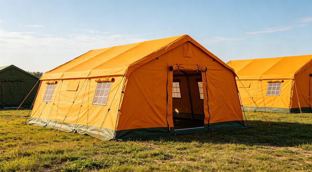 Heavy duty emergency frame tent displayed in operational setting demonstrating quick setup capability durable canvas exterior and spacious interior capacity for humanitarian relief missions