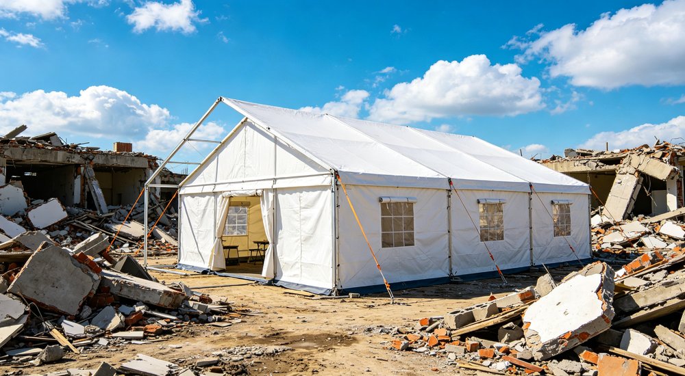 Emergency response tent captured during active deployment showing professional grade construction wind resistant frame and waterproof covering designed for long term use in challenging field conditions
