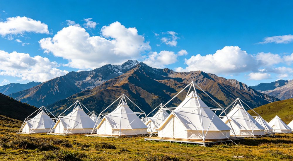 Professional emergency relief tent photographed in field deployment showing sturdy construction waterproof fabric and steel frame design suitable for disaster response and humanitarian aid operations